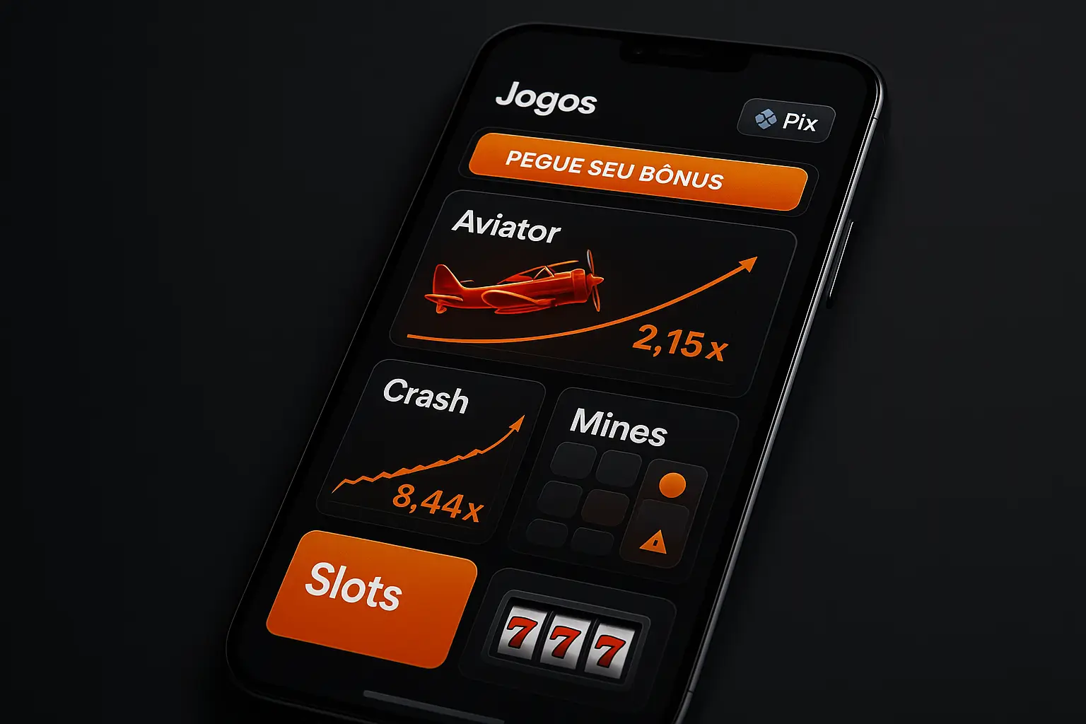 Interface de jogo destacando Pix, bônus e apostas em tempo real